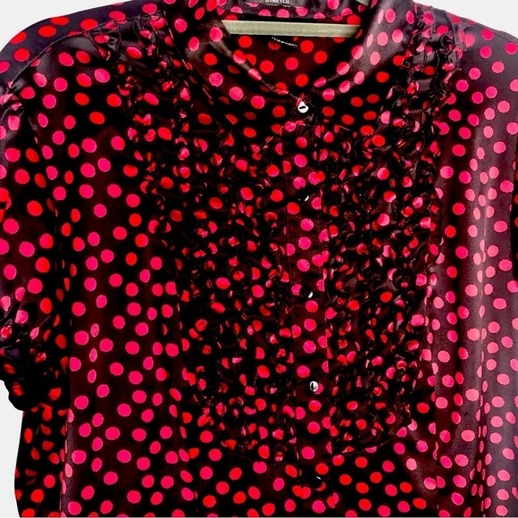 Style & Co short sleeve blouse black red polka dots poly satin 14 - Picture 2 of 10